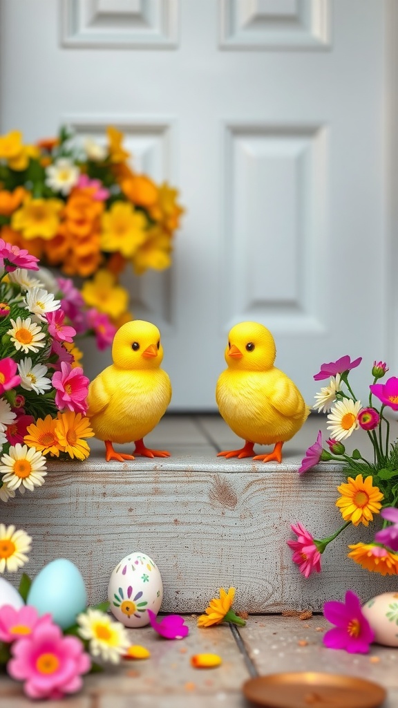 Two cheerful yellow chick figurines surrounded by flowers and Easter decorations on a porch.