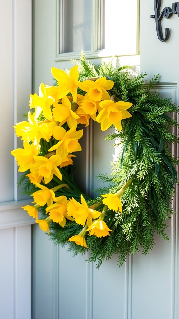 A vibrant spring floral wreath featuring bright yellow daffodils.