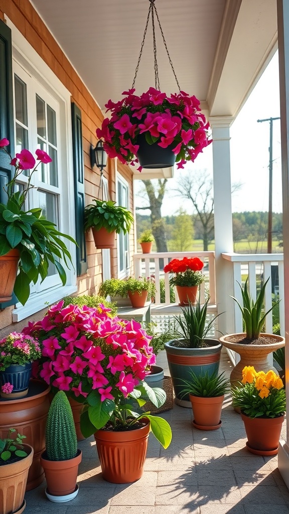 A vibrant display of potted plants on a front porch, featuring pink flowers, greenery, and hanging pots.