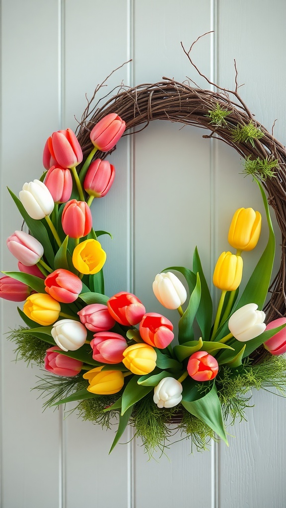 A vibrant Easter wreath adorned with colorful tulips in shades of red, yellow, and white.