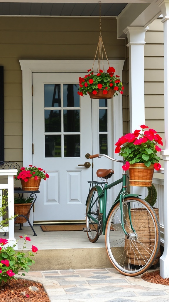 A farmhouse front porch adorned with hanging baskets of geraniums and potted plants, featuring a vintage bicycle.