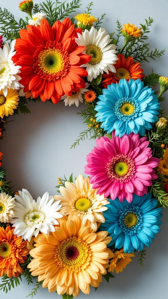 A colorful wreath made of Gerbera daisies in bright shades, hanging on a wall.