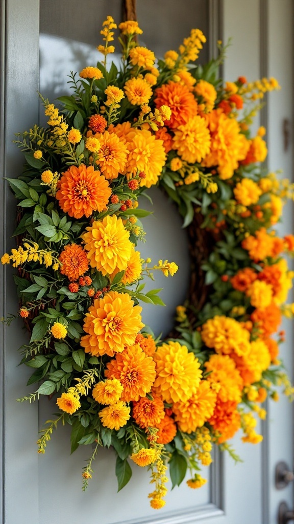 A vibrant marigold floral wreath hanging on a grey door.