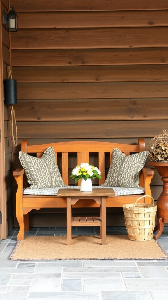 A stylish wooden entryway bench with decorative cushions, a small table, and a flower vase, set against a wooden wall.