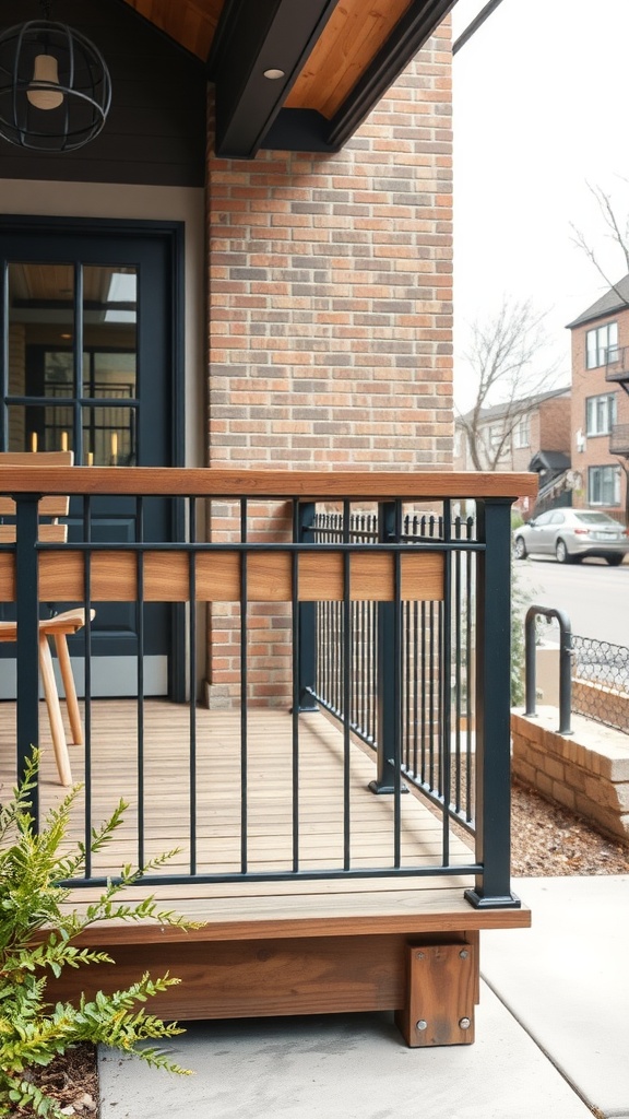 Chic industrial style porch railing featuring metal and wood elements.