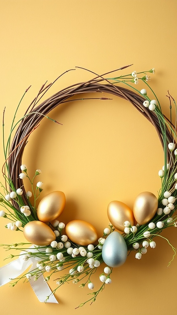 Easter wreath with metallic eggs and white flowers on a yellow background.