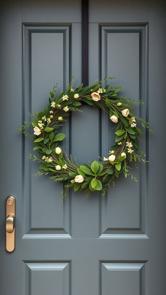 A chic minimalist spring wreath with greens and soft flowers on a blue door.