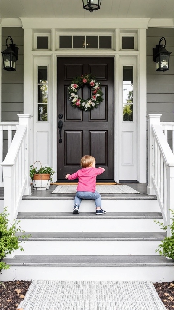 A young child in a yellow dress sits on the steps of a farmhouse porch, showcasing a welcoming space.