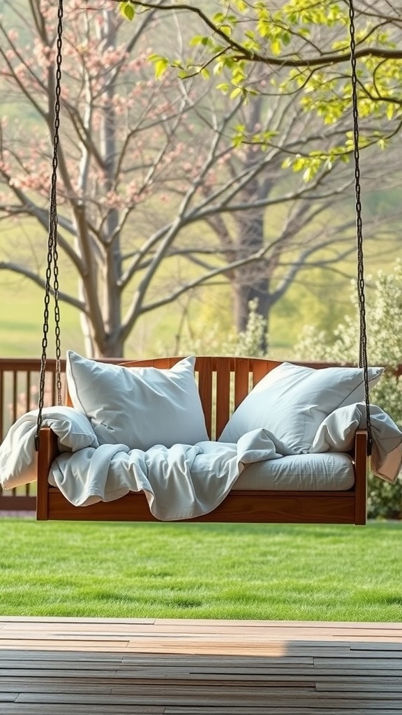 A cozy outdoor porch hanging bed swing with soft bedding and pillows.