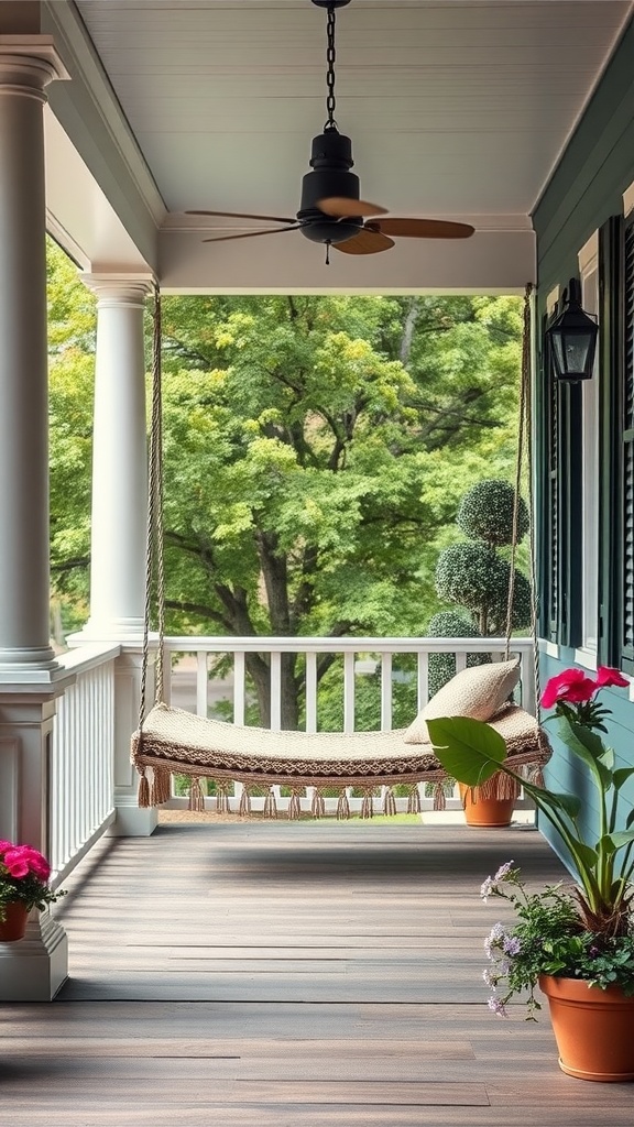 A cozy outdoor porch with a hanging bed swing surrounded by greenery and flowers.