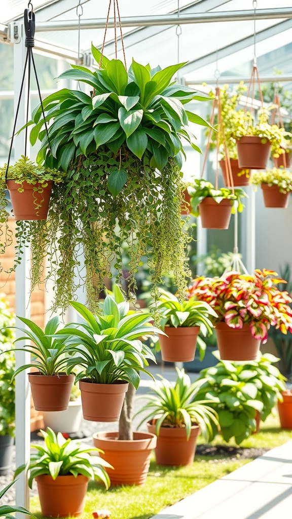 A greenhouse filled with various plants in hanging and potted arrangements, featuring leafy greens and colorful foliage, with sunlight streaming in through the glass roof.