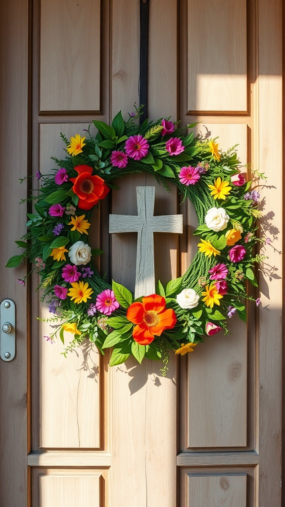 Easter wreath cross adorned with colorful flowers on a wooden door.