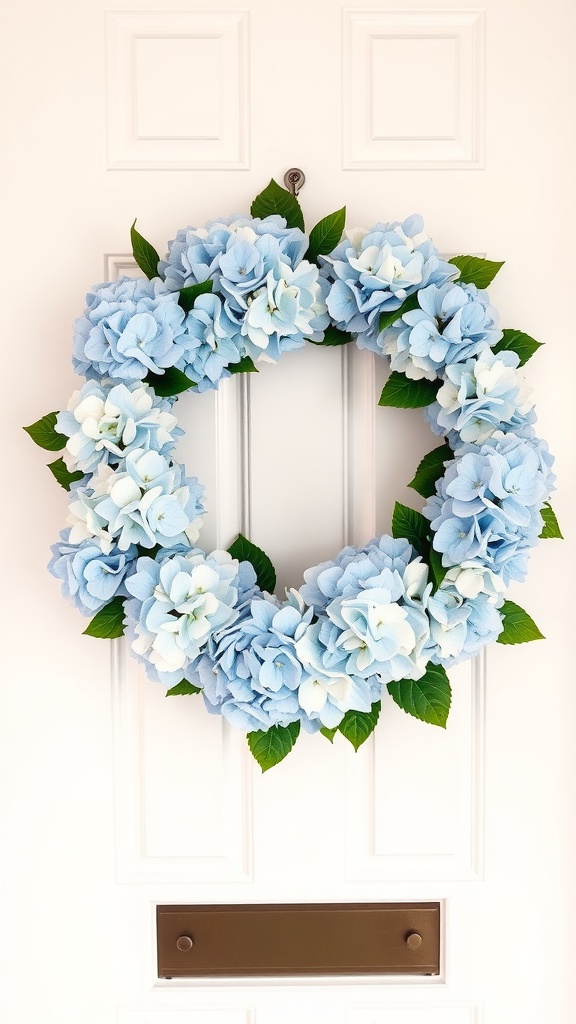 A beautiful spring wreath made of soft blue hydrangeas on a door.