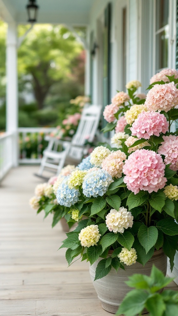 Blooming hydrangeas in pastel pink, blue, and yellow hues in a pot on a wooden porch with white rocking chairs in the background.