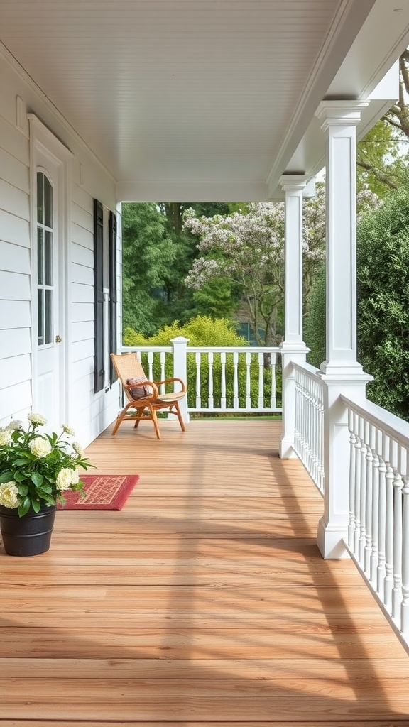 A front porch with white railings, wooden floor, and a cozy chair, surrounded by greenery.