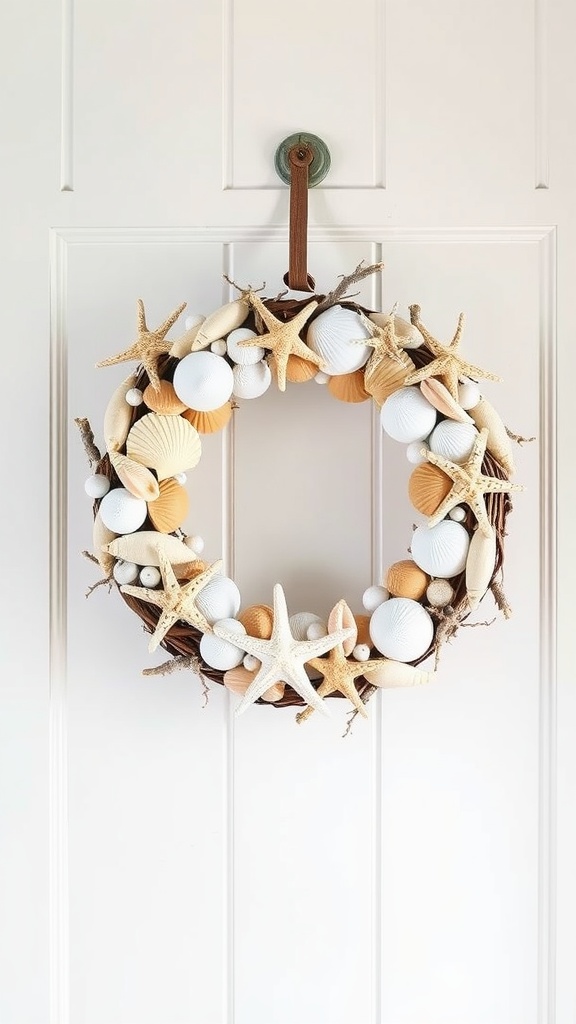 Coastal-inspired shell wreath with starfish and seashells hanging on a door.