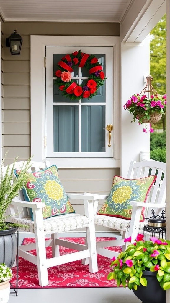 A small front porch with colorful accent pillows on white chairs, a wreath on the door, and hanging plants.