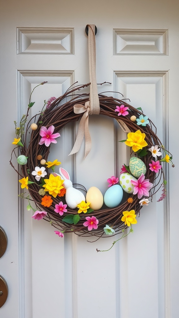 Colorful Easter grapevine wreath decorated with flowers and eggs, hanging on a door.