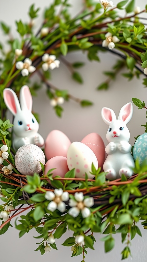 Easter wreath featuring colorful eggs and cute bunnies