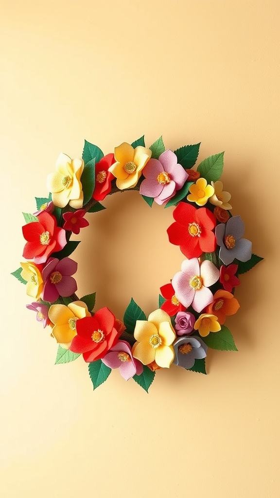 A vibrant spring wreath made of colorful felt flowers and green leaves.