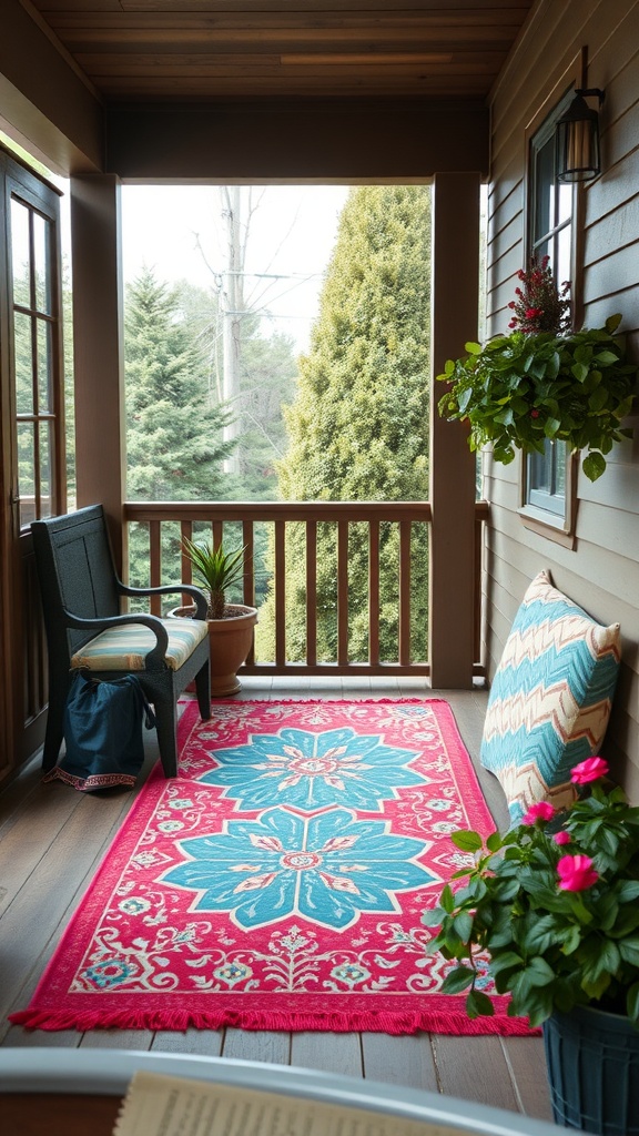 A cozy front porch featuring a vibrant outdoor rug with floral patterns.