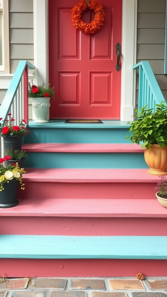 Colorful painted porch steps with flowers and a vibrant door