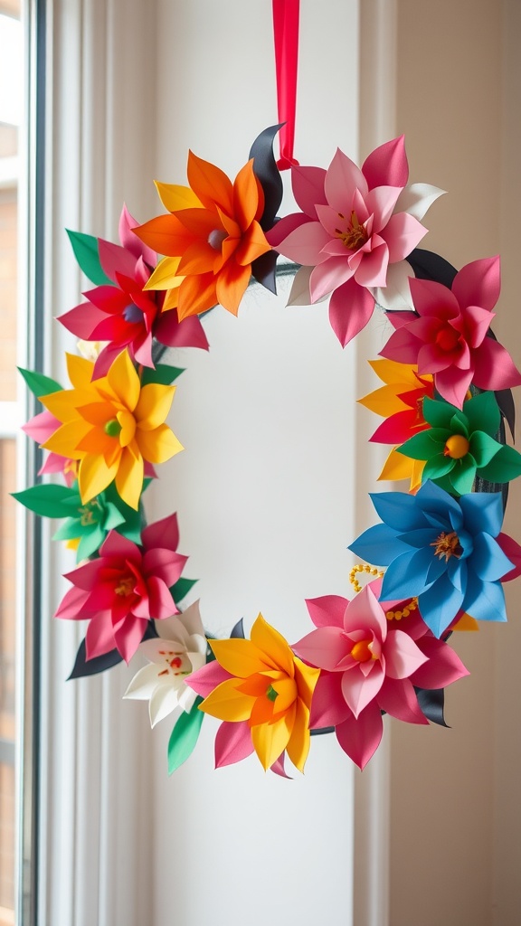 A colorful paper flower wreath with various vibrant flowers, hanging by a ribbon.