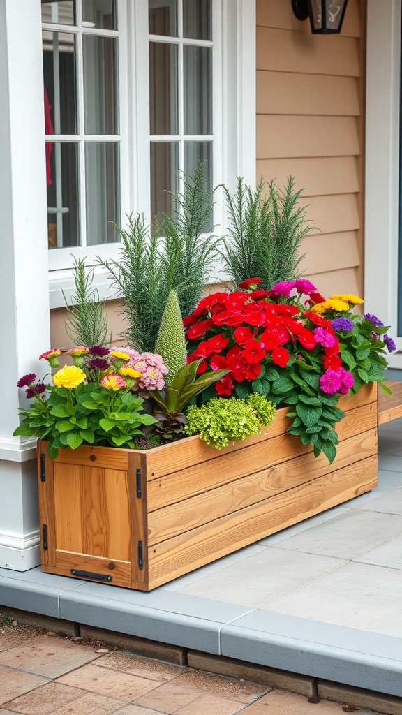 Colorful planter boxes filled with vibrant flowers and greenery on a front porch.