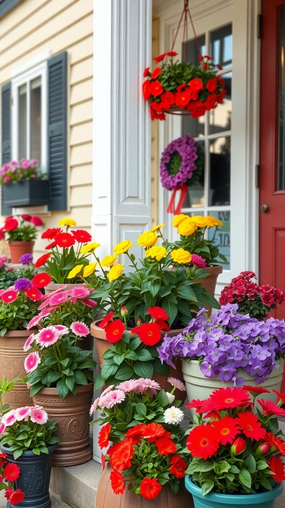 Colorful planters filled with various flowers on a summer porch.