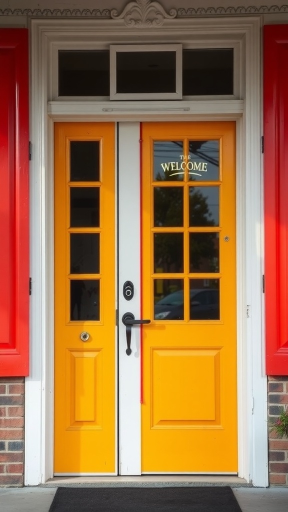 Bright yellow door with red shutters and decorative trim