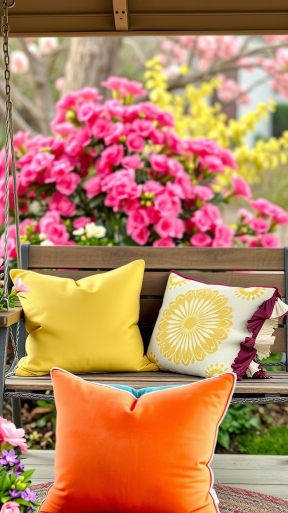 A porch swing adorned with colorful throw pillows in yellow and orange, set against blooming flowers.