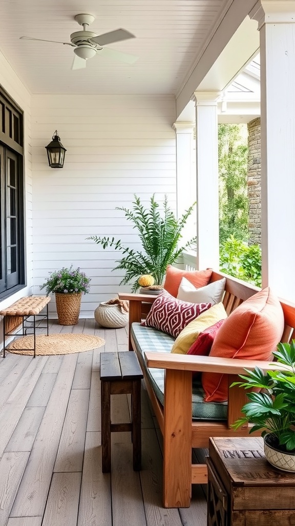 Rustic farmhouse porch with colorful throw pillows on a wooden bench