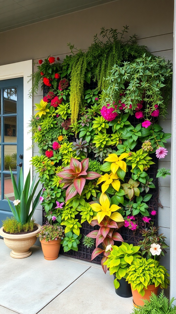 A vibrant vertical garden wall filled with various colorful plants and flowers beside a front porch.