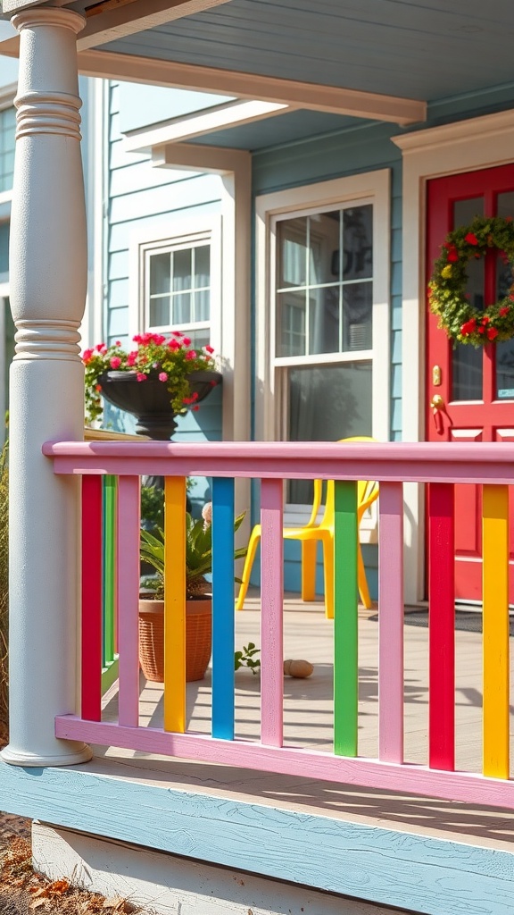 A vibrant porch railing with colorful vertical slats in shades of pink, blue, yellow, and green.