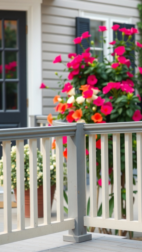 A close-up view of a porch railing surrounded by colorful flowers.