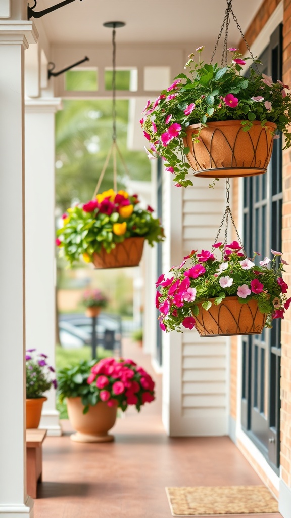 Colorful hanging flower baskets on a modern front porch.