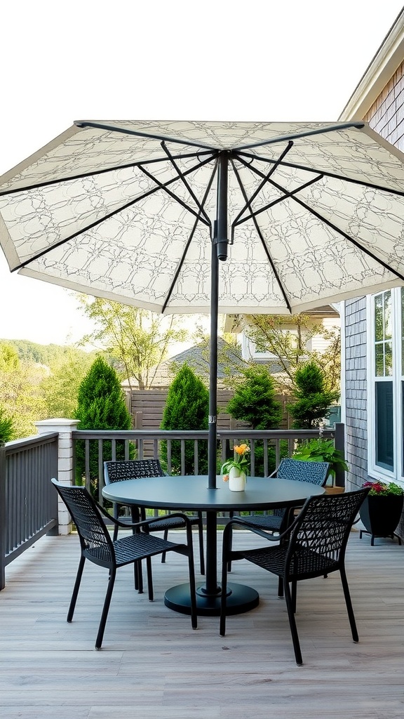 A large decorative umbrella providing shade over a dining table on a porch.