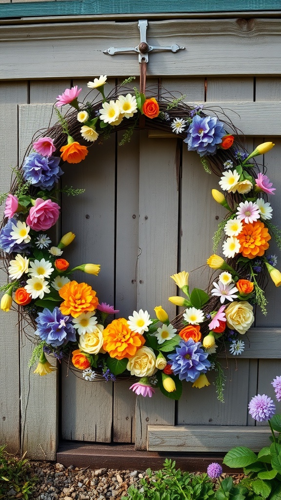 A colorful spring wreath adorned with various flowers, hanging against a rustic wooden backdrop.