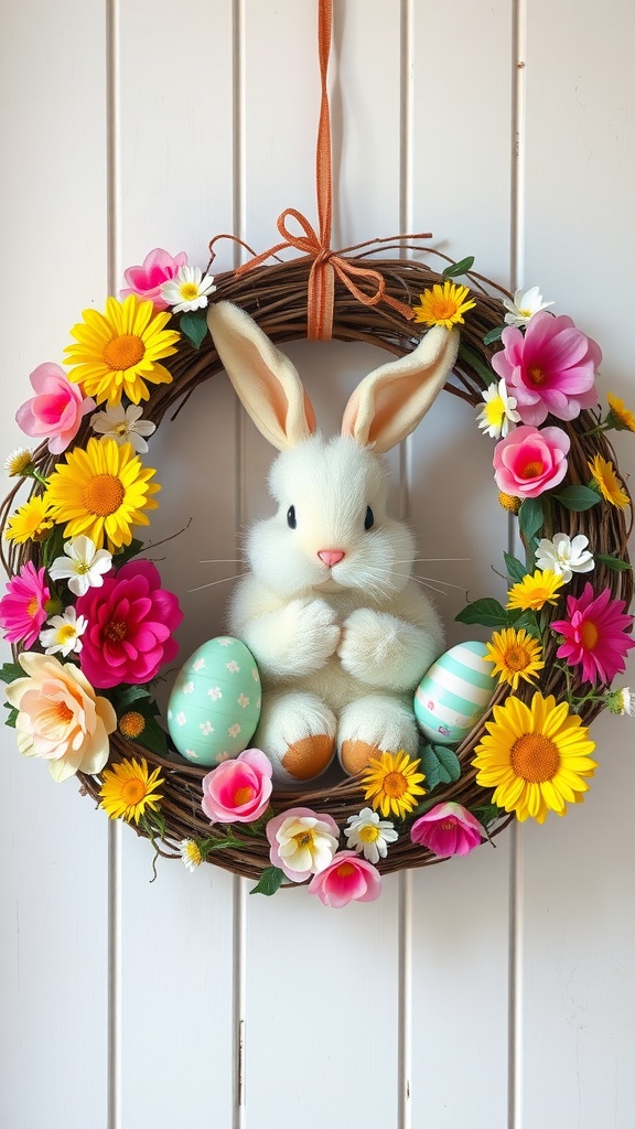 Easter wreath featuring a bunny and colorful flowers