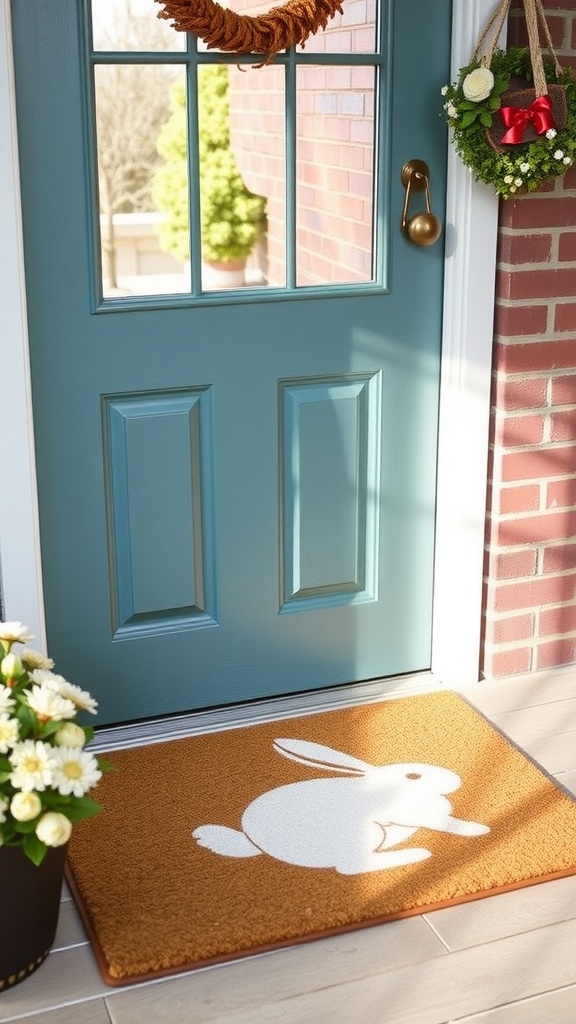 Cottontail rabbit door mat with a welcoming text and floral design