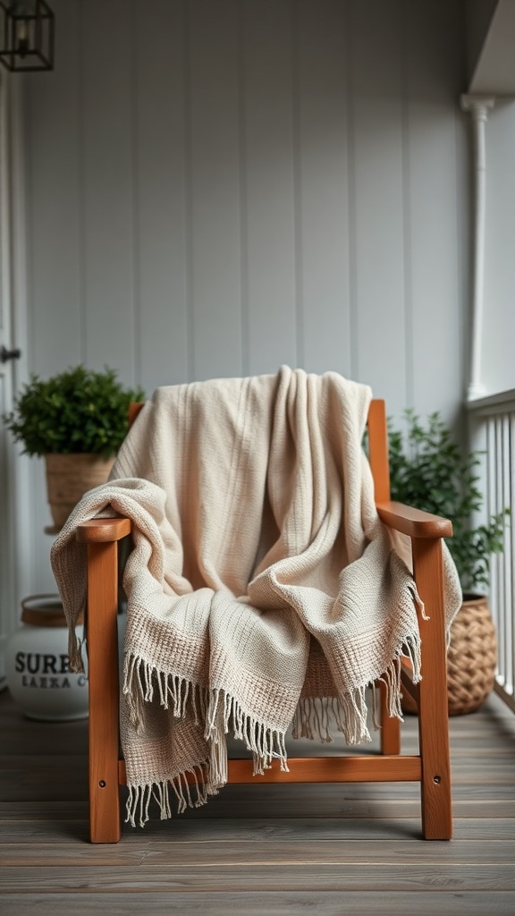 A cozy blanket draped over a wooden chair on a front porch.