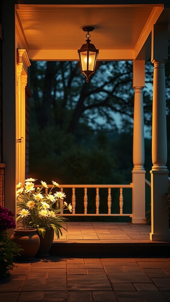 Front porch with artificial flower arrangements and warm lighting