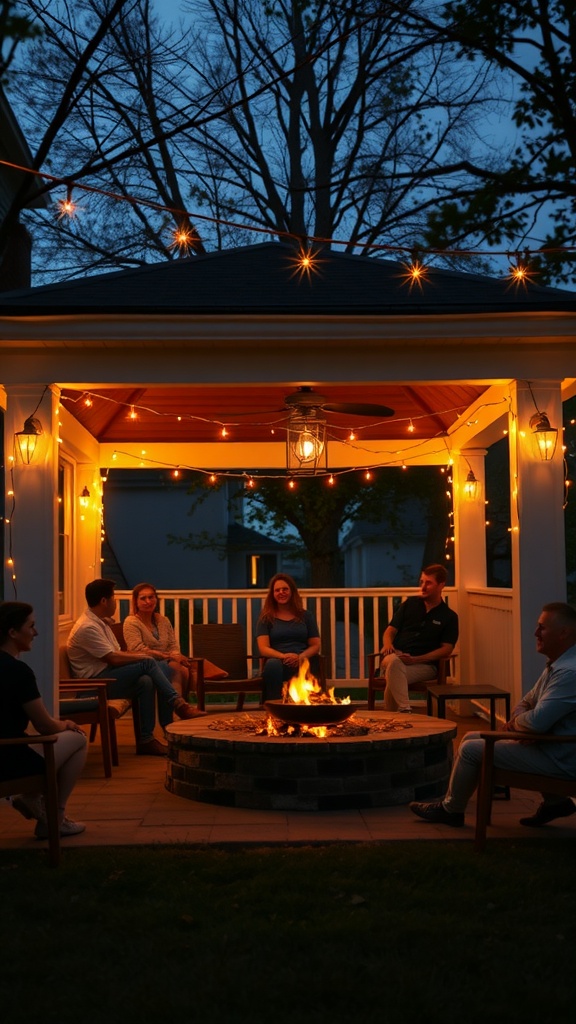 A group of people gathered around a fire pit on a wrap-around porch, enjoying an evening together.