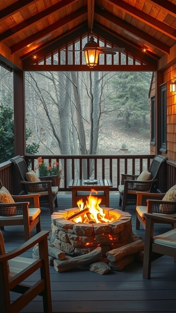 Cozy fire pit setting on a rustic farmhouse porch