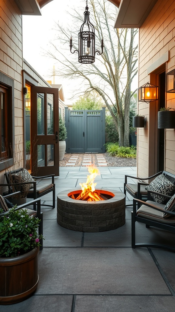 A cozy outdoor entryway with a fire pit surrounded by chairs and plants.