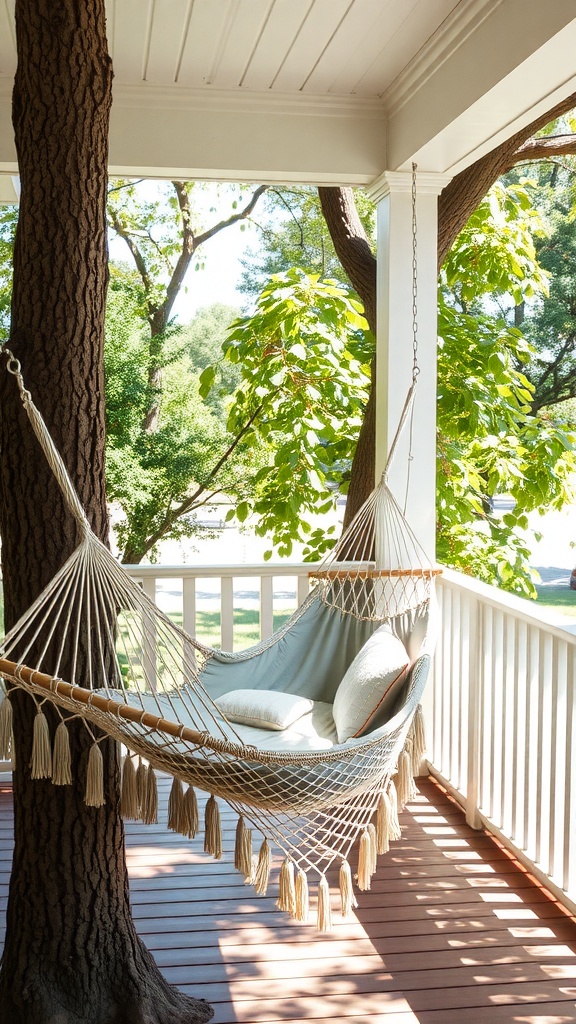 A cozy hammock on a porch surrounded by greenery