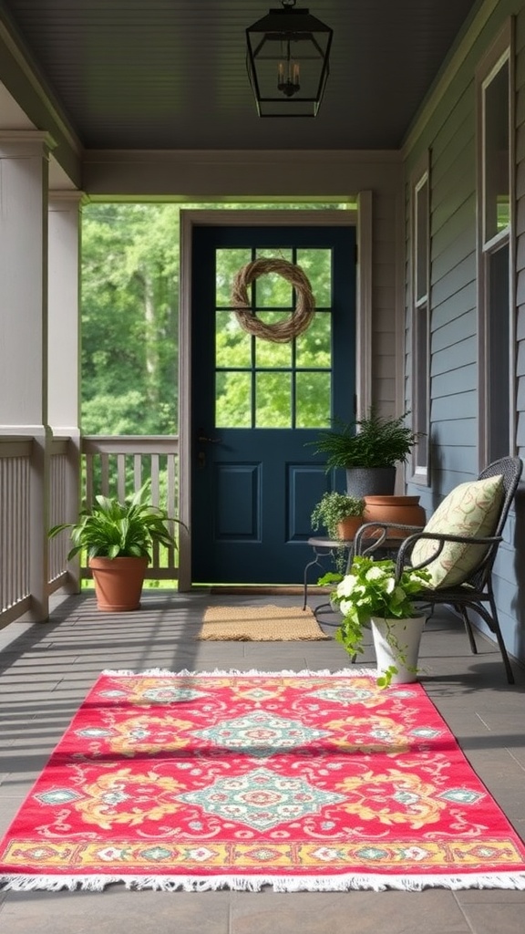 A cozy outdoor rug on a front porch, featuring vibrant colors and a welcoming atmosphere.