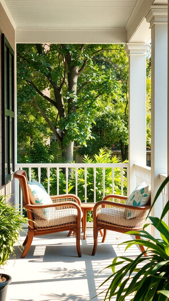 Cozy outdoor seating area with two chairs and plants on a porch