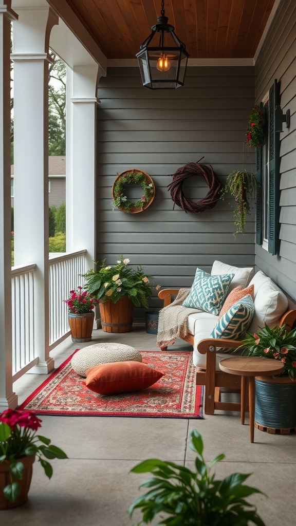 A cozy front porch with seating, colorful pillows, a decorative rug, and potted plants.