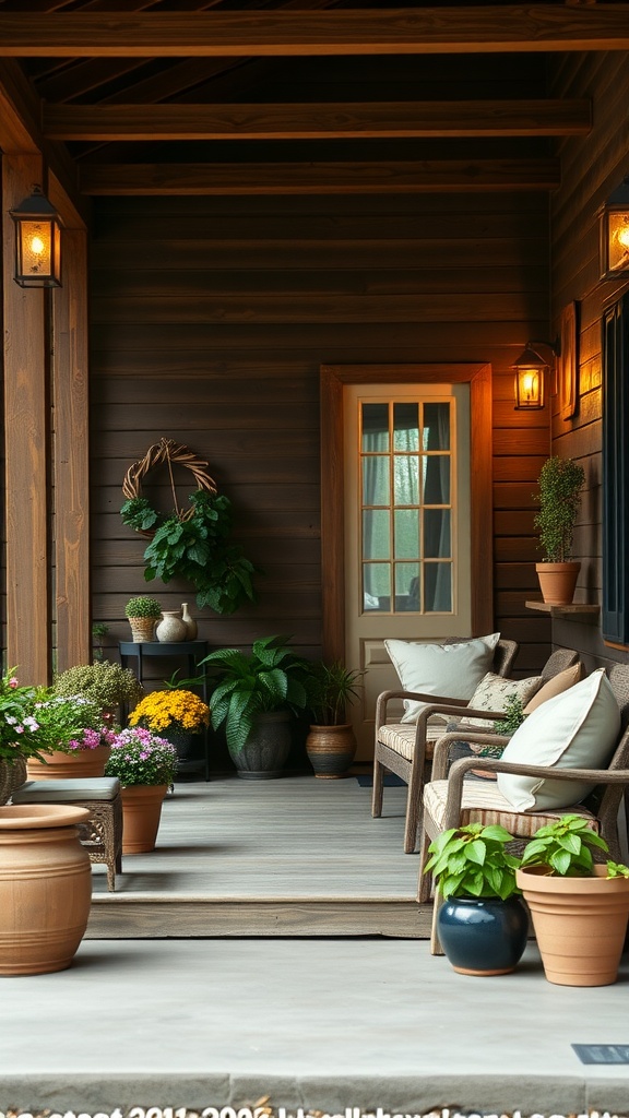 Cozy farmhouse porch with seating and potted plants